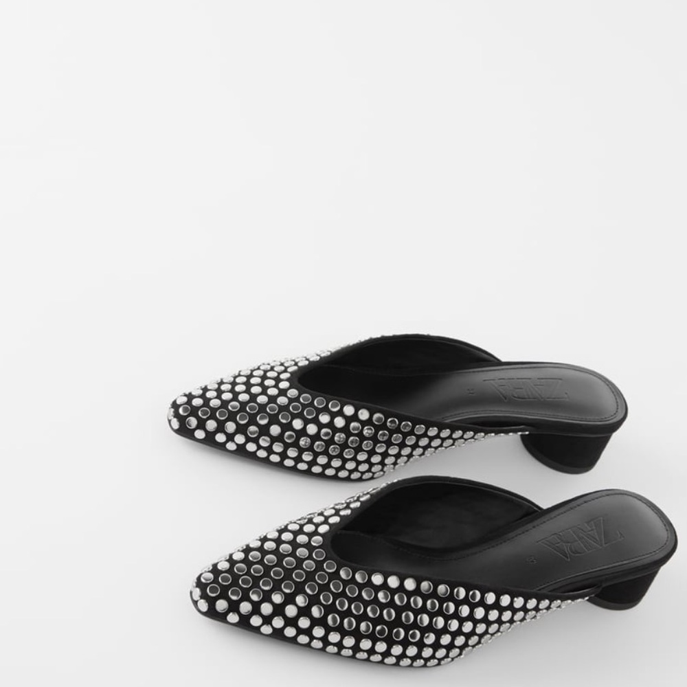 ZARA Black Studded Square Toe Mules